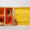 Set of 4 bird calls includes a Blackbird, Blue Tit, tawny Owl and pigeon, in a box showing information on the lid | © Conscious Craft